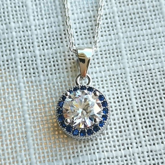 Sterling Silver CZ sapphire gemstone pendant necklace NEW - Picture 4 of 4